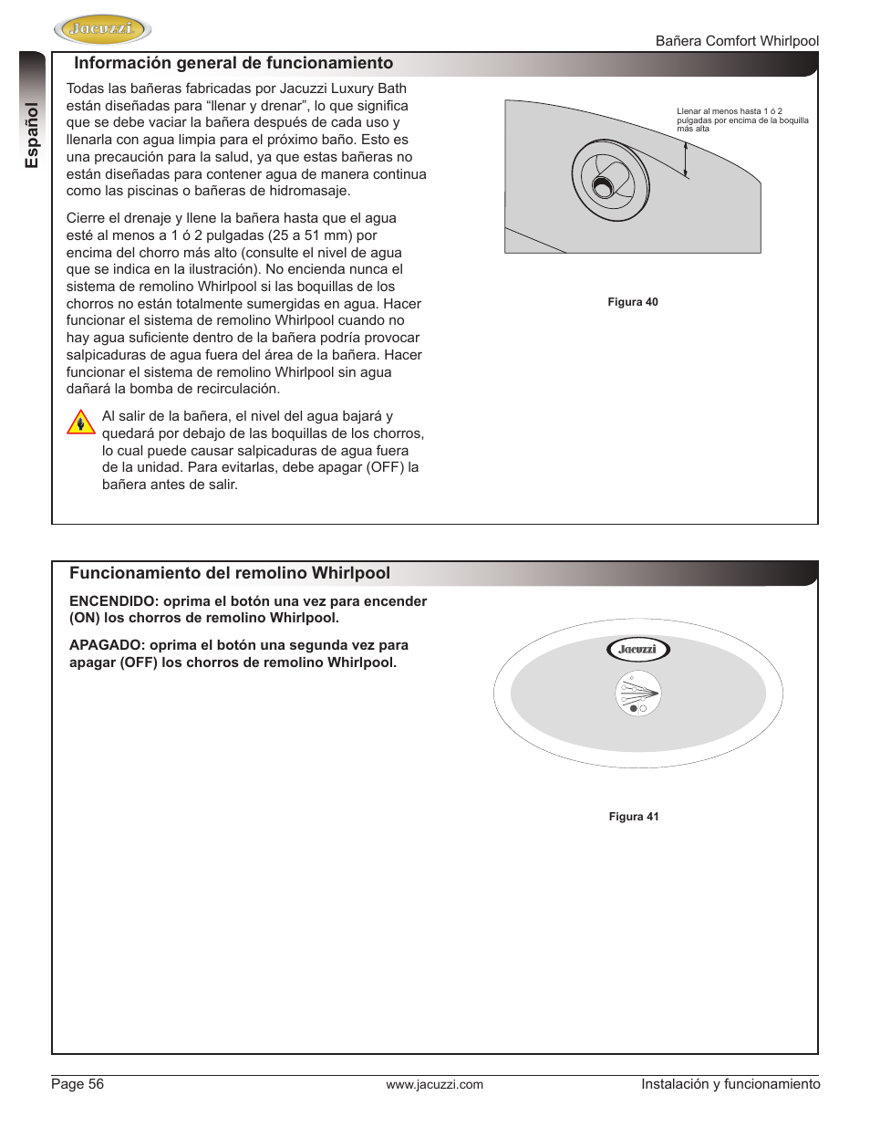 Funcionamiento del remolino whirlpool | Jacuzzi HE97000 User Manual | Page 56 / 90