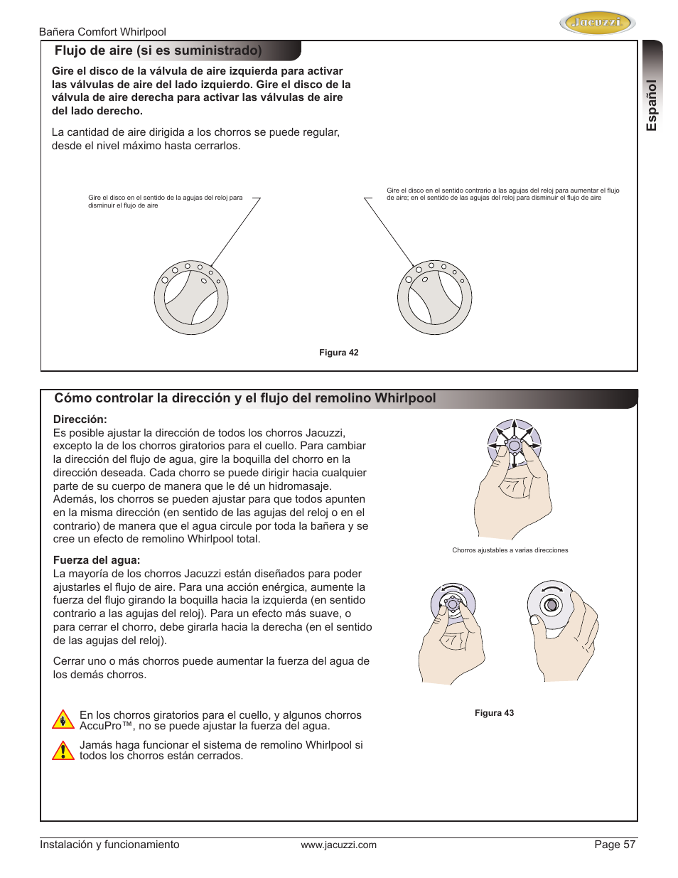 Englishespañol, Flujo de aire (si es suministrado) | Jacuzzi HE97000 User Manual | Page 57 / 90