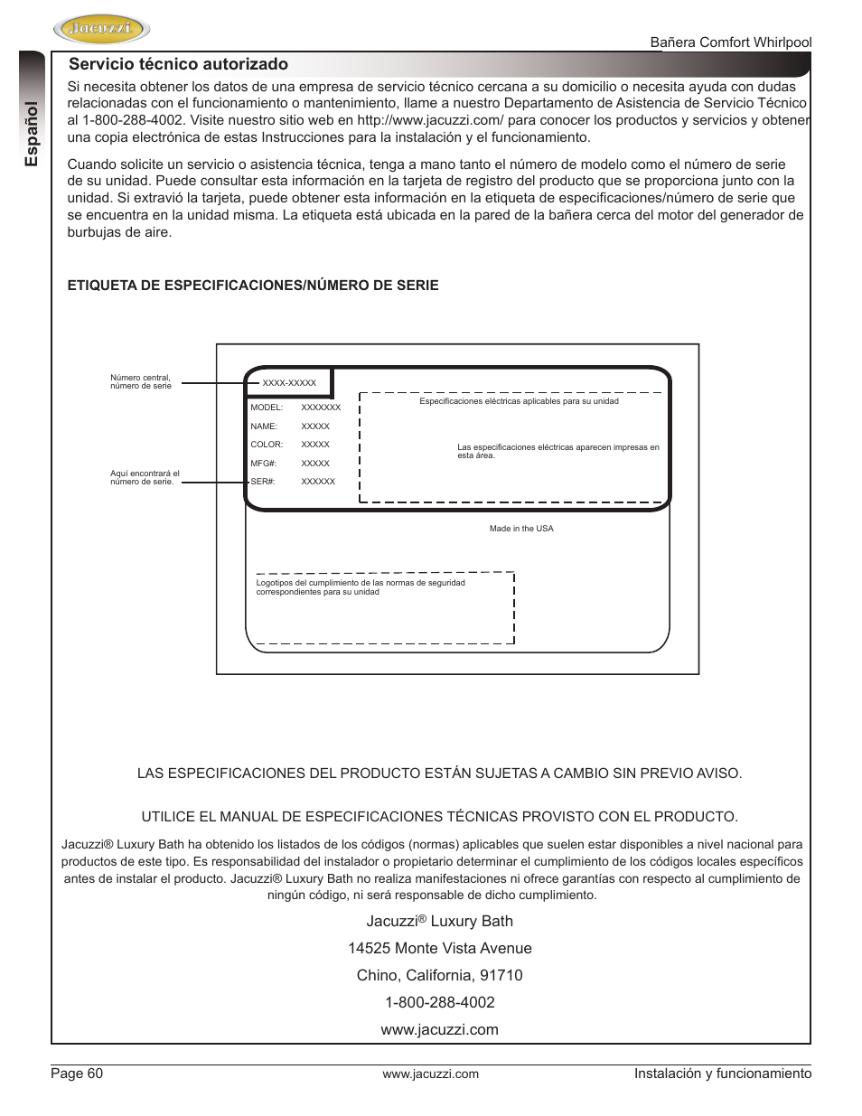 English, Servicio técnico autorizado, Español | Jacuzzi | Jacuzzi HE97000 User Manual | Page 60 / 90