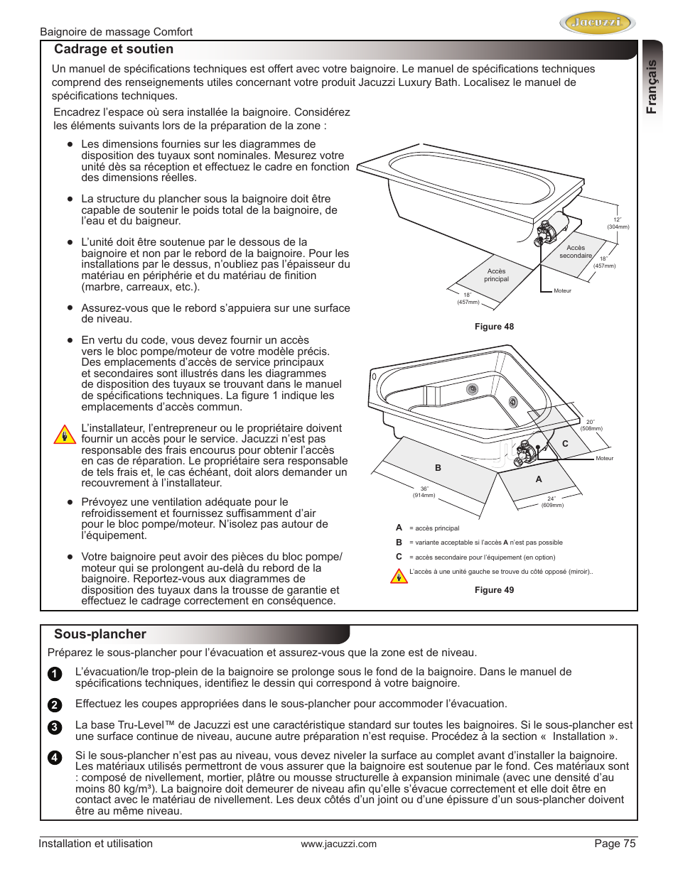 English français, Cadrage et soutien, Sous-plancher | Jacuzzi HE97000 User Manual | Page 75 / 90