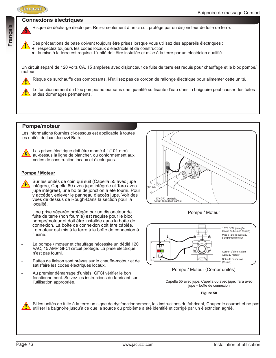 English, Connexions électriques pompe/moteur, Français | Jacuzzi HE97000 User Manual | Page 76 / 90