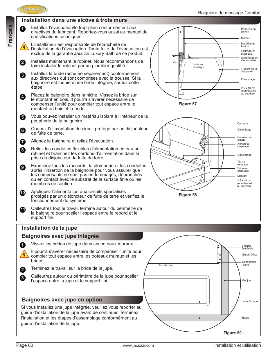 English, Installation dans une alcôve à trois murs, Baignoires avec jupe en option | Français | Jacuzzi HE97000 User Manual | Page 80 / 90