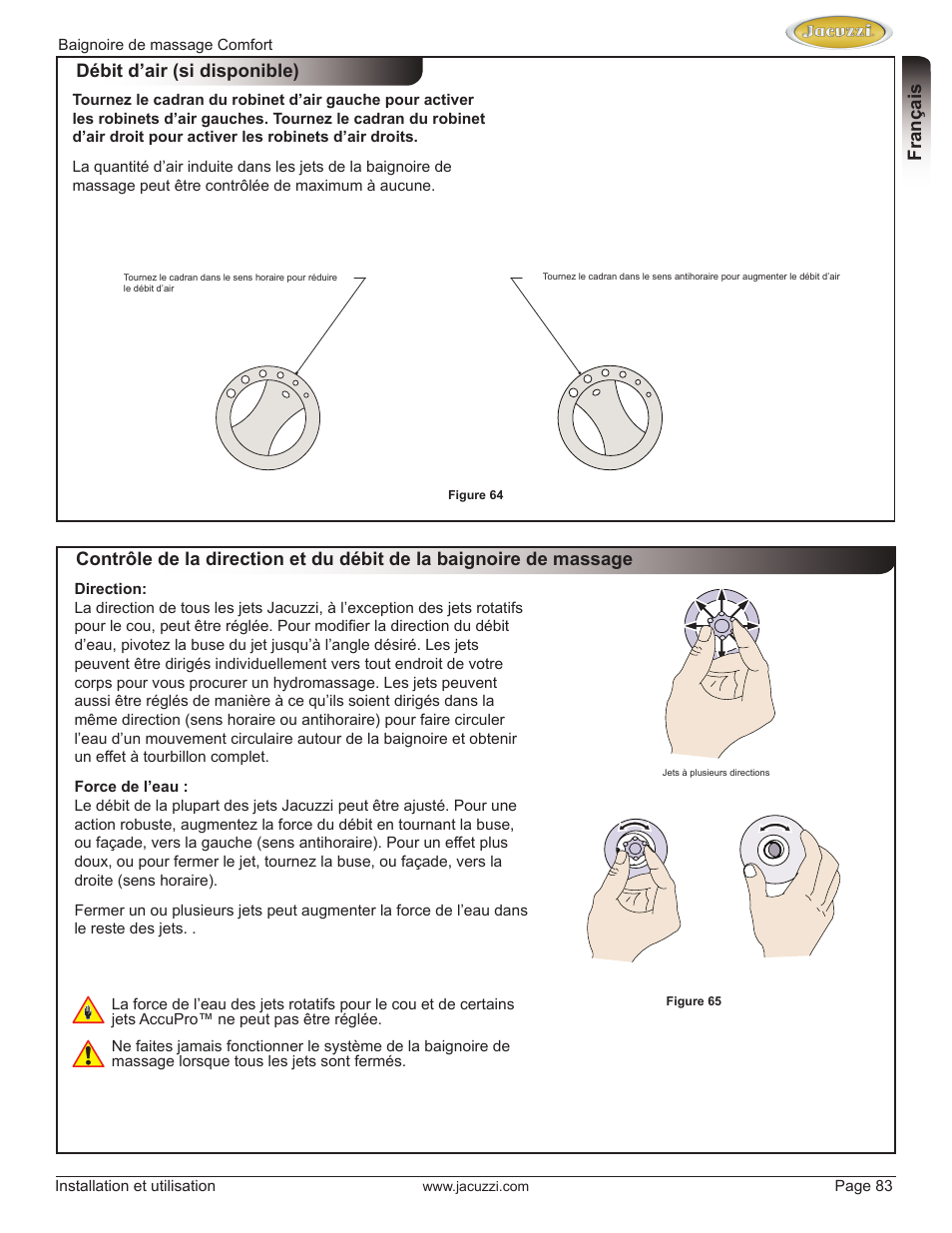 English, Français, Débit d’air (si disponible) | Jacuzzi HE97000 User Manual | Page 83 / 90