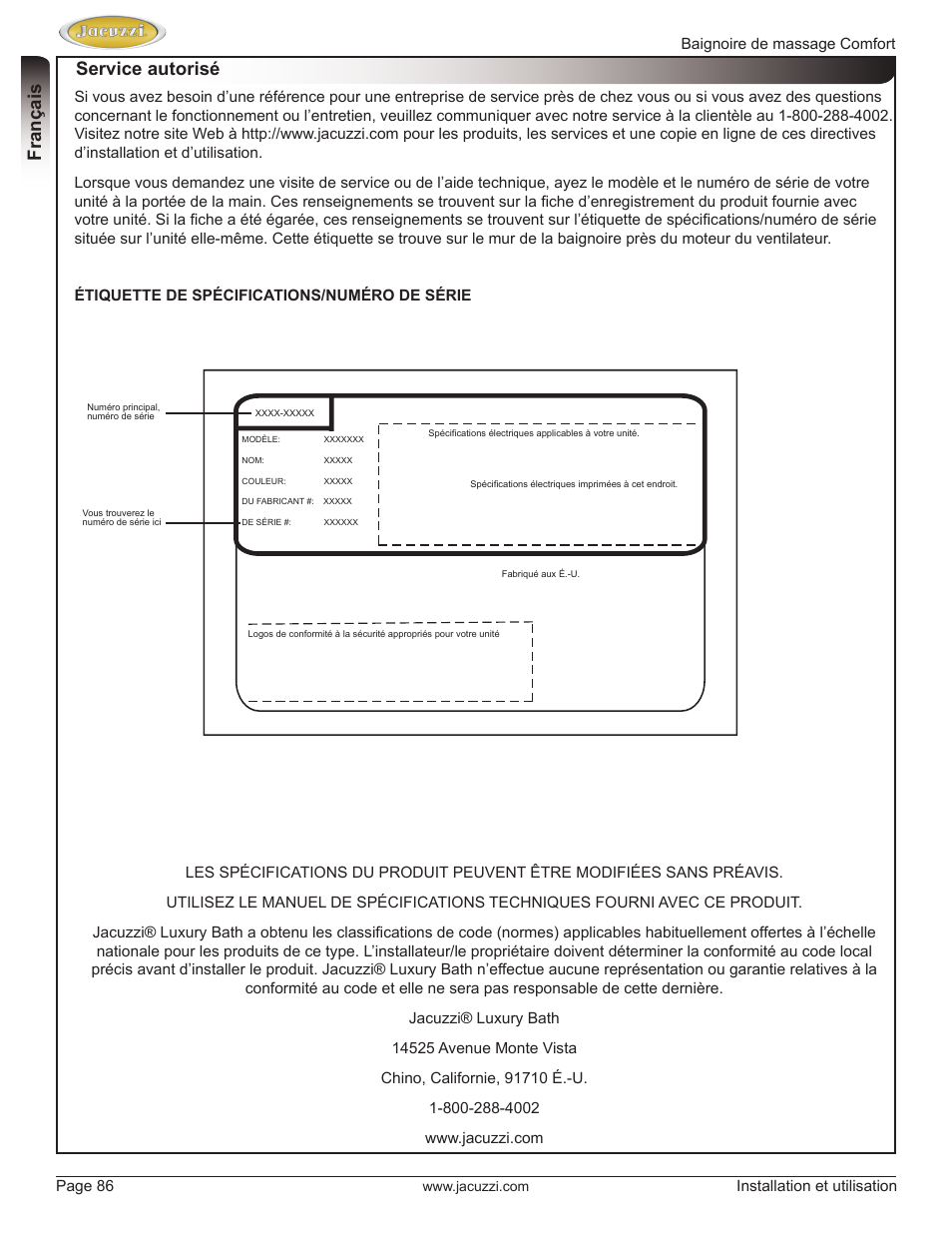 English français, Service autorisé | Jacuzzi HE97000 User Manual | Page 86 / 90