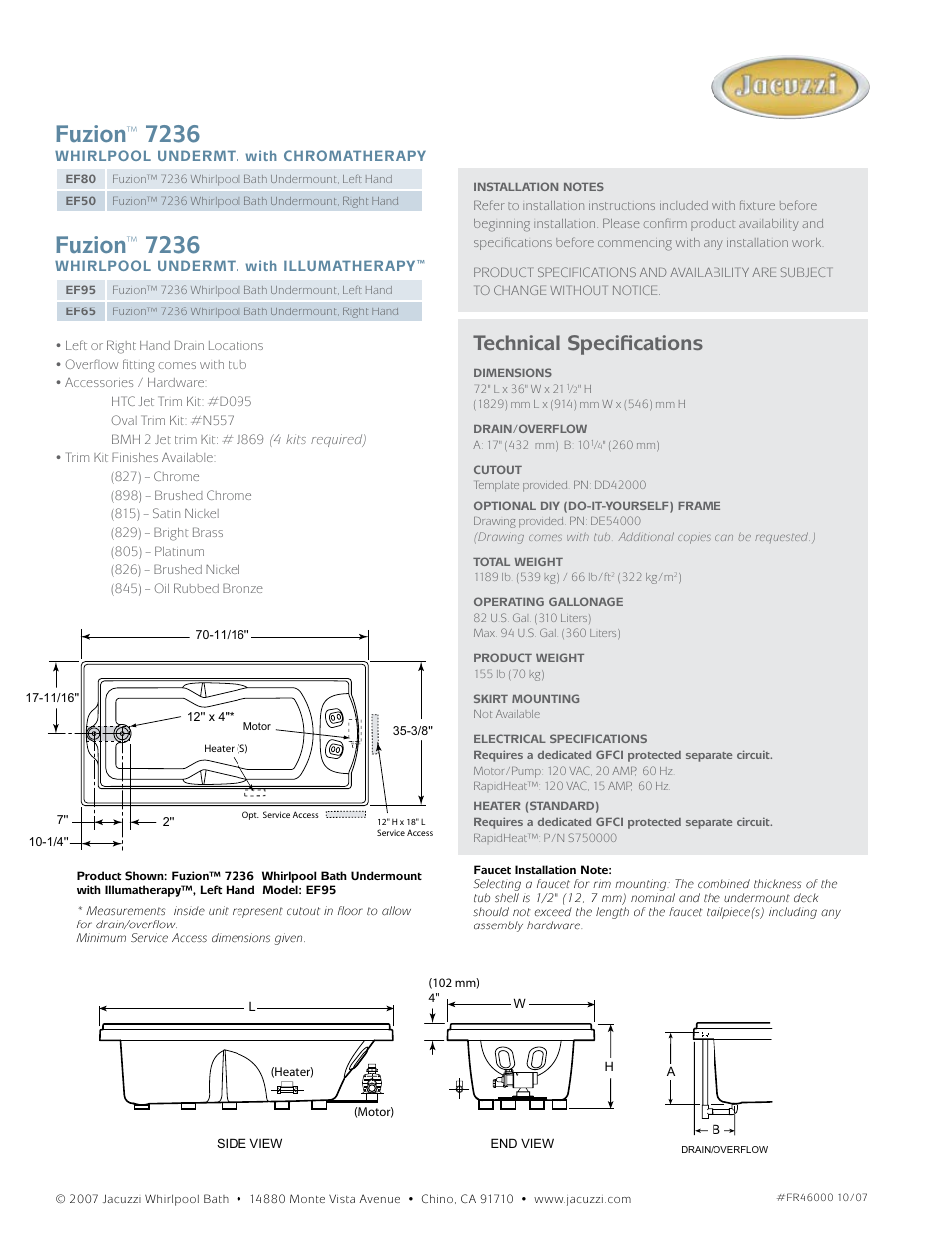 Fuzion, Technical specifications | Jacuzzi Fuzion 7236 User Manual | Page 2 / 2