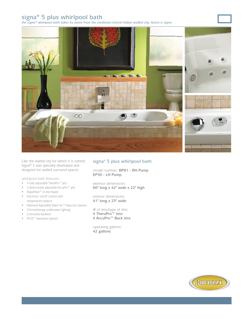 Jacuzzi Signa 5 Plus Whirlpool Bath BP81 User Manual | 2 pages