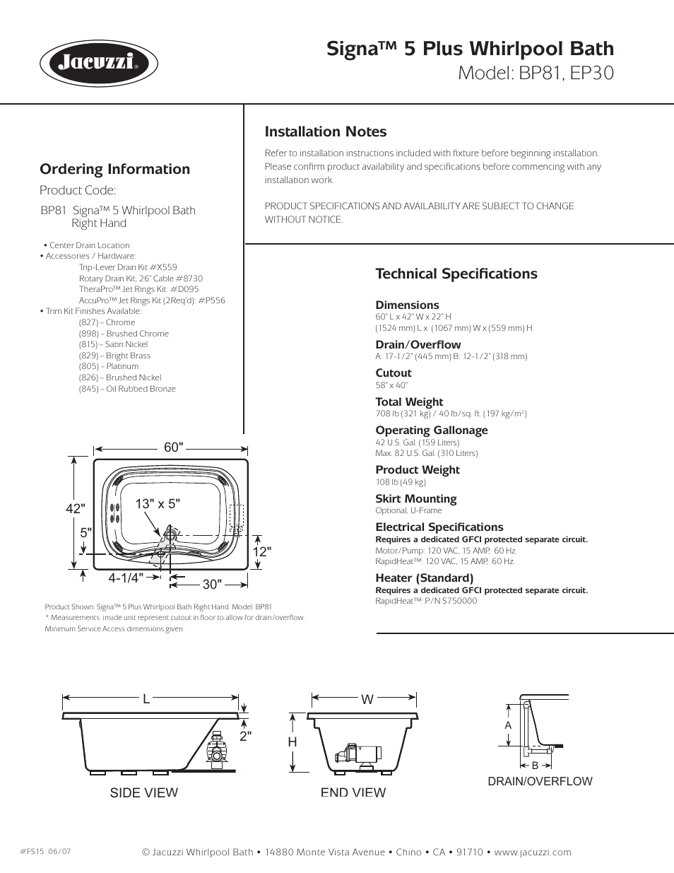 Signa™ 5 plus whirlpool bath, Model: bp81, ep30, Ordering information | Technical speciﬁ cations | Jacuzzi Signa 5 Plus Whirlpool Bath BP81 User Manual | Page 2 / 2