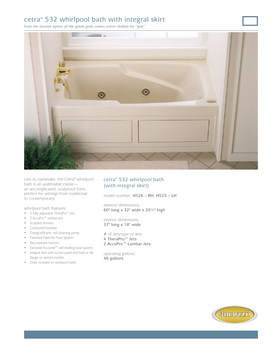 Jacuzzi Cetra 532 Whirlpool Bath with Integral Skirt FR25 User Manual | 2 pages