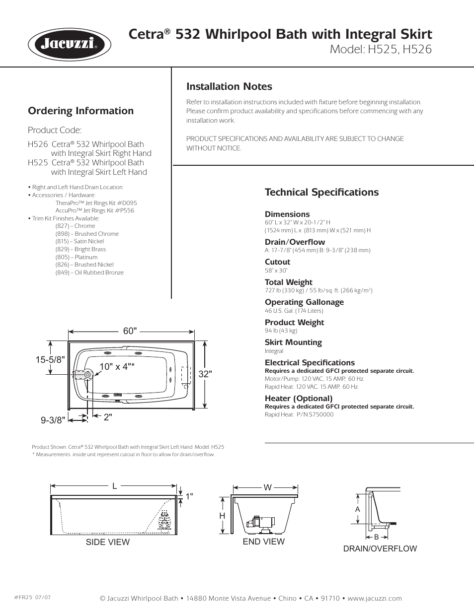 Cetra® 532 whirlpool bath with integral skirt, Ordering information, Technical speciﬁ cations | Jacuzzi Cetra 532 Whirlpool Bath with Integral Skirt FR25 User Manual | Page 2 / 2
