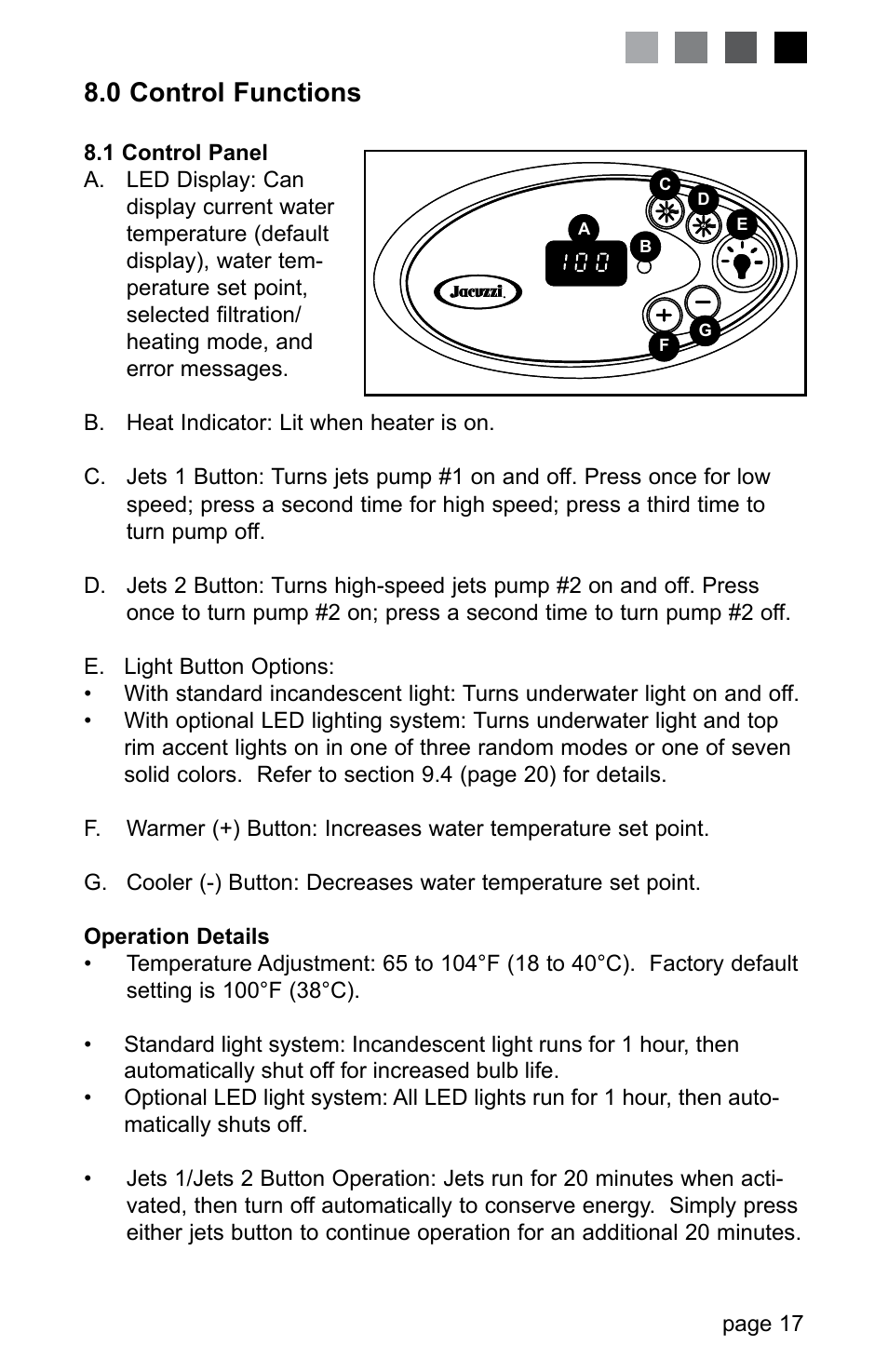 0 control functions, Page 17 | Jacuzzi J-280 User Manual | Page 21 / 52