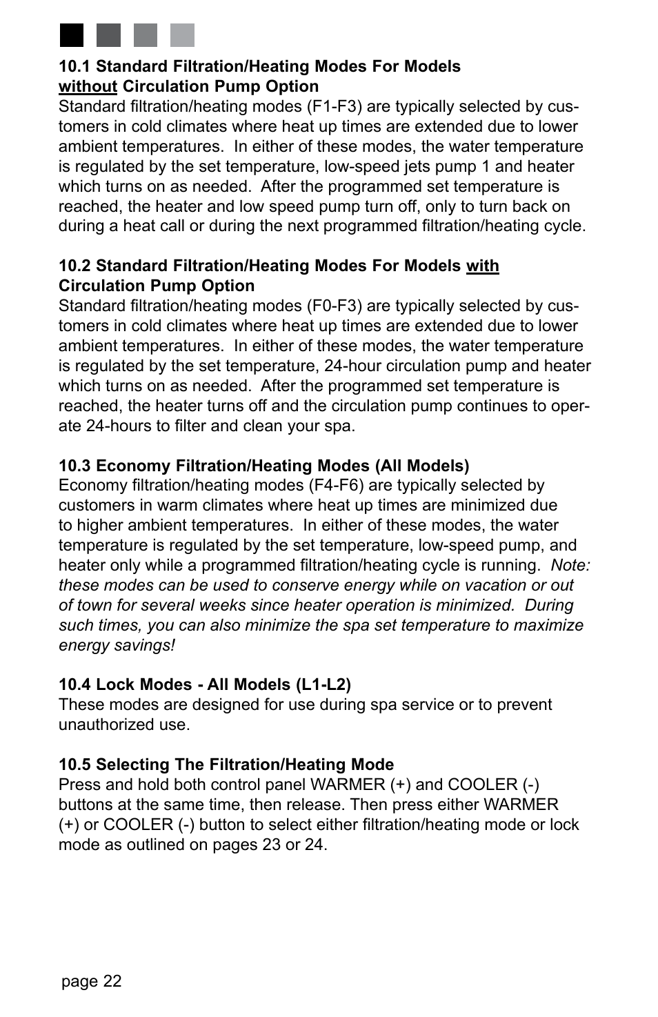 3 economy filtration/heating modes (all models), 4 lock modes - all models (l1-l2), 5 selecting the filtration/heating mode | Jacuzzi J-280 User Manual | Page 26 / 52