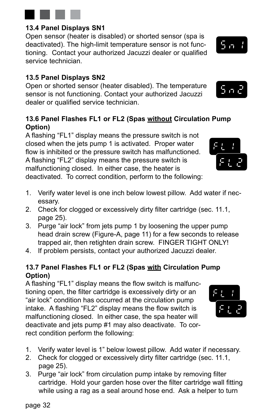 4 panel displays sn1, 5 panel displays sn2, 8 panel displays oh | 9 panel displays, 0 troubleshooting procedures, 2 pump does not operate but light does | Jacuzzi J-280 User Manual | Page 36 / 52