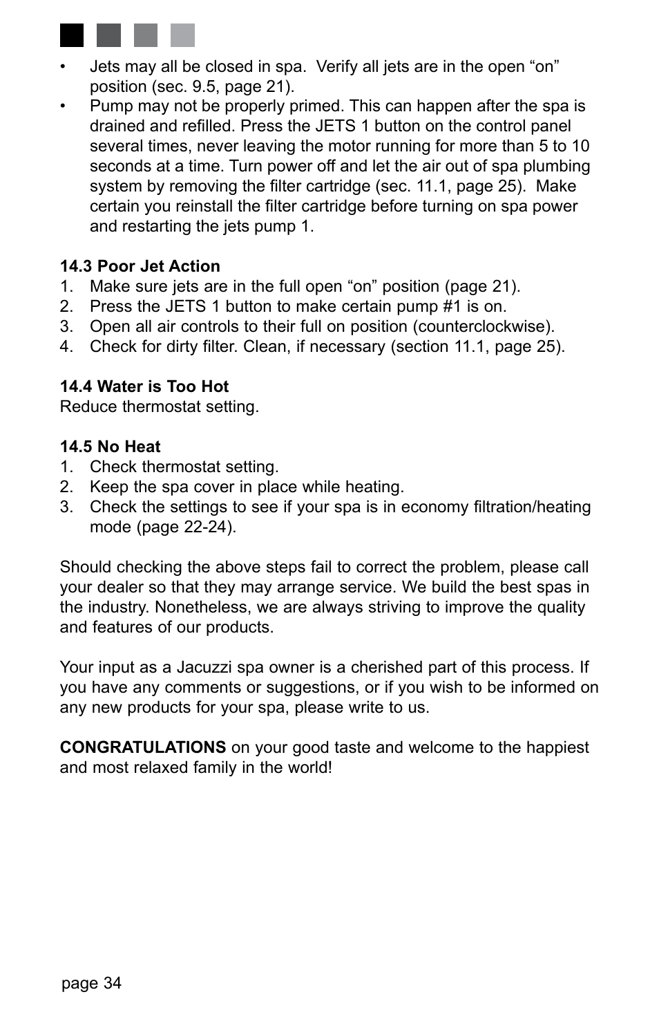 3 poor jet action, 4 water is too hot, 5 no heat | Jacuzzi J-280 User Manual | Page 38 / 52