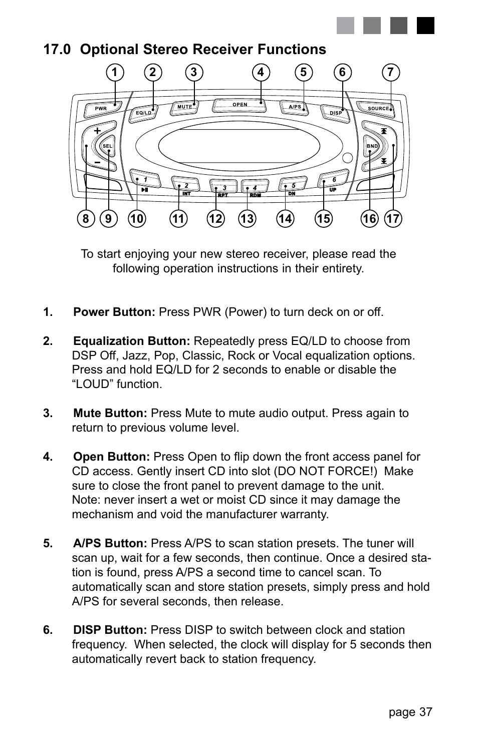 0 optional stereo receiver functions | Jacuzzi J-280 User Manual | Page 41 / 52
