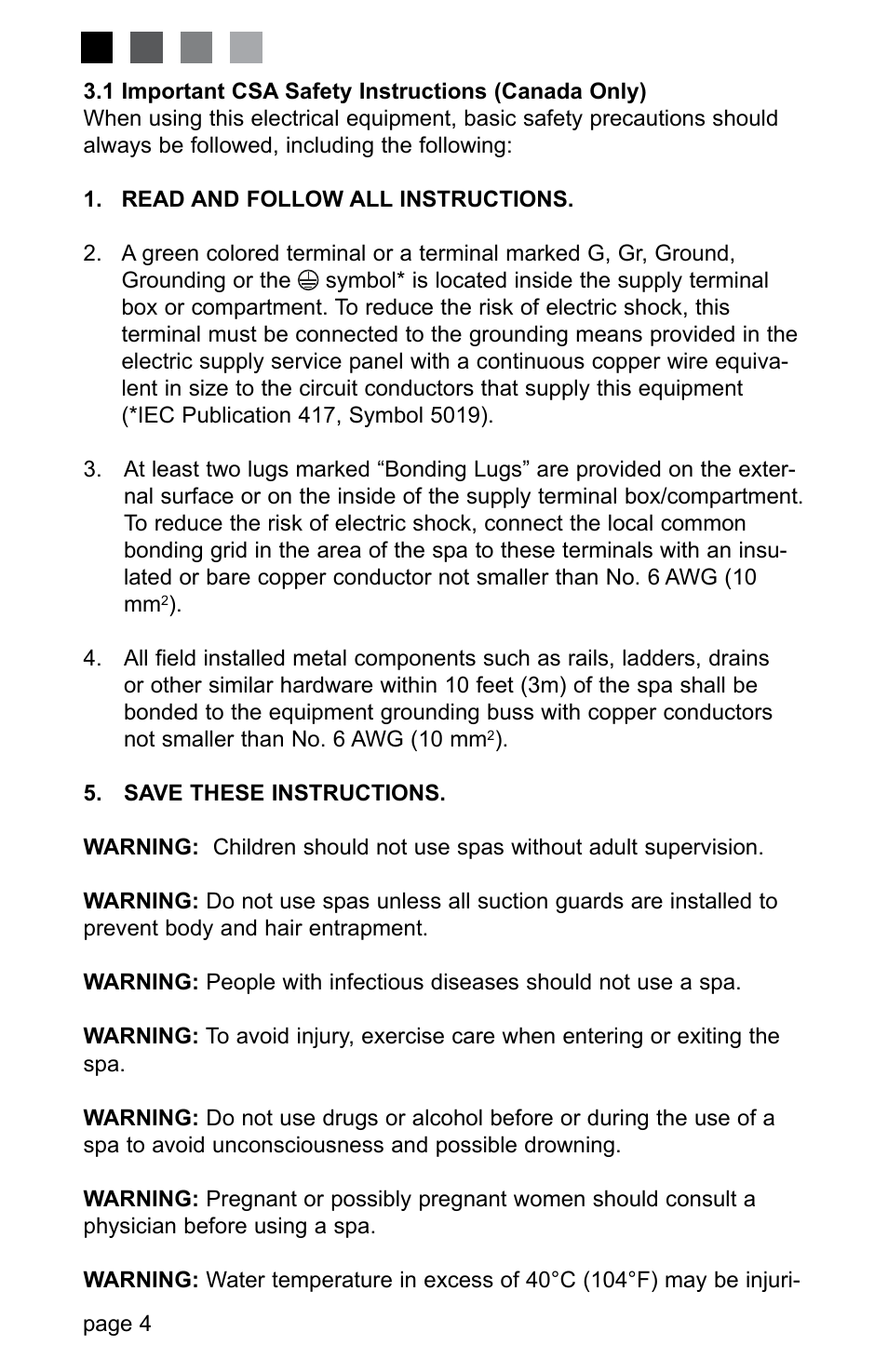 1 important csa safety instructions (canada only), 2 hyperthermia | Jacuzzi J-280 User Manual | Page 8 / 52