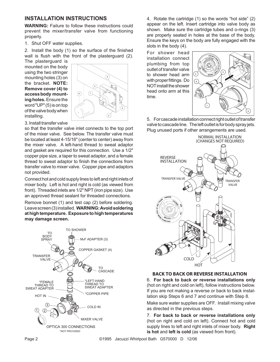 Installation instructions, Back to back or reverse installation | Jacuzzi OPTICATM 300 User Manual | Page 2 / 6