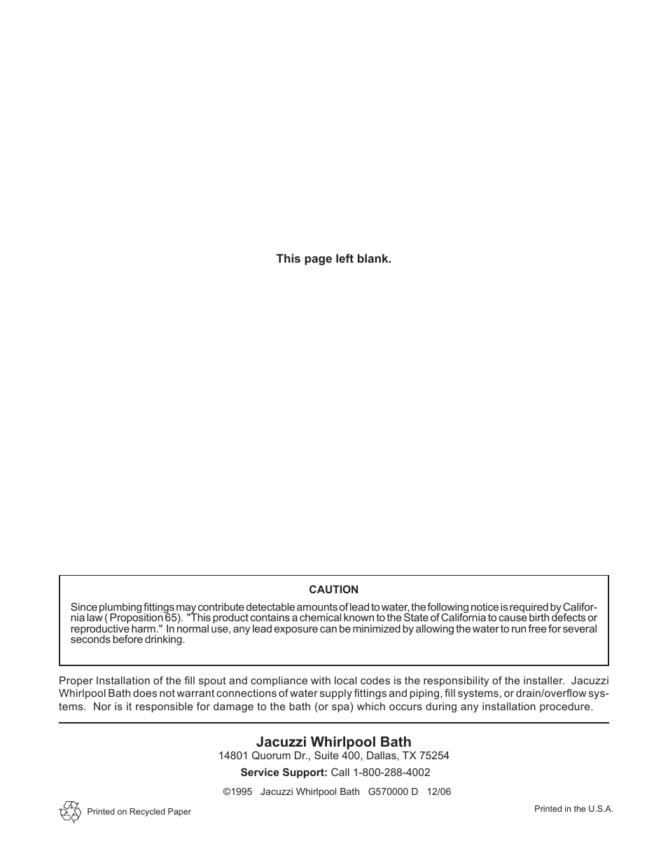 Jacuzzi whirlpool bath | Jacuzzi OPTICATM 300 User Manual | Page 6 / 6