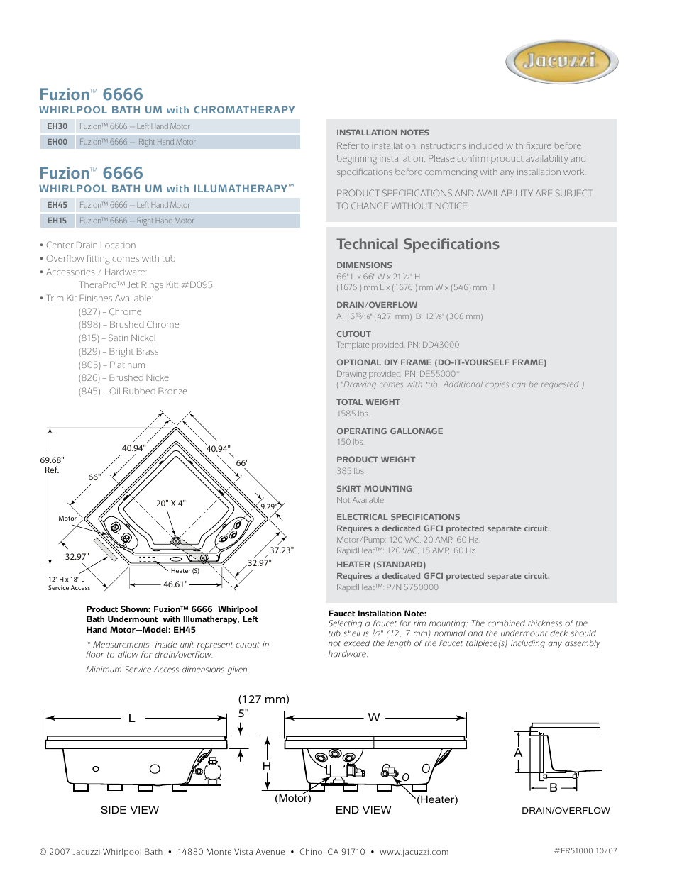 Fuzion, Technical specifications | Jacuzzi Fuzion 6666 User Manual | Page 2 / 2