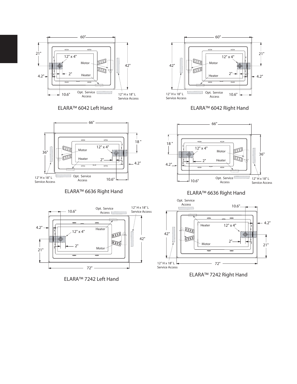 Roughing-in reference, Elara™ 6042 right hand, Elara™ 6636 right hand | Elara™ 7242 left hand, Elara™ 7242 right hand, Elara™ 6042 left hand | Jacuzzi DESIGNER BATH SERIES User Manual | Page 10 / 28