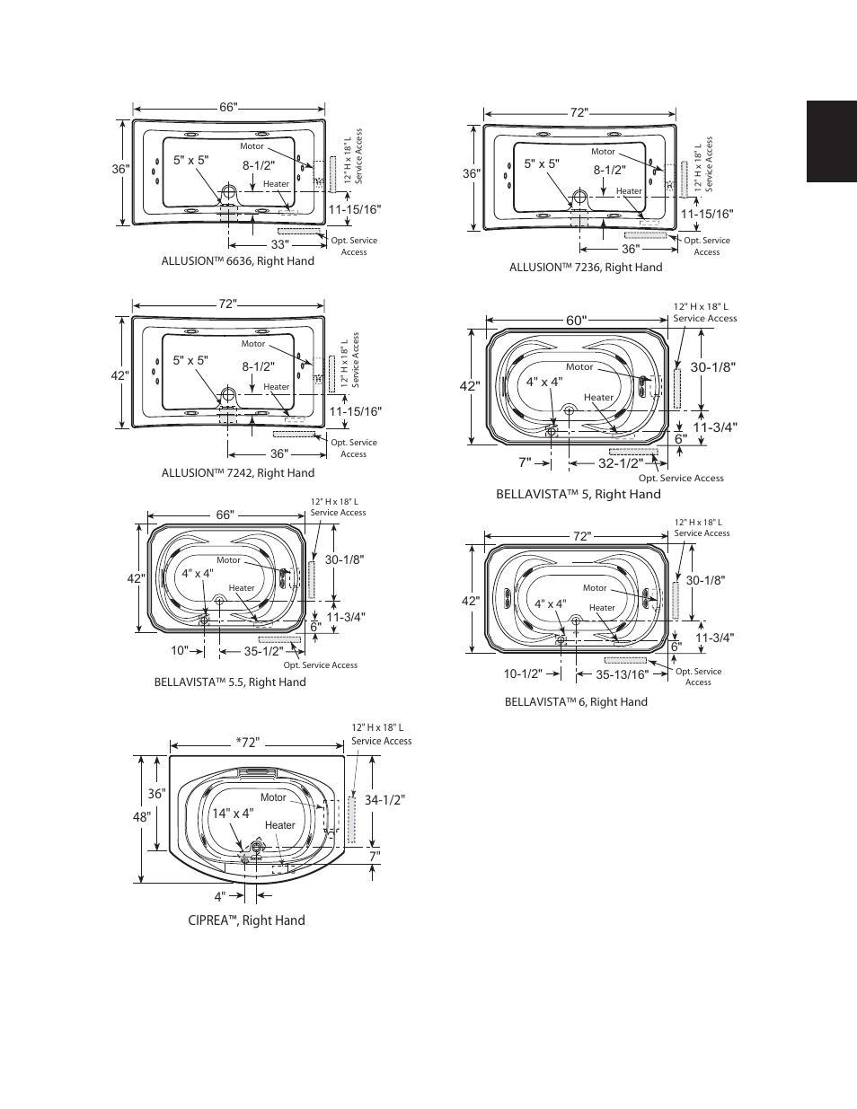 Roughing-in reference | Jacuzzi DESIGNER BATH SERIES User Manual | Page 9 / 28