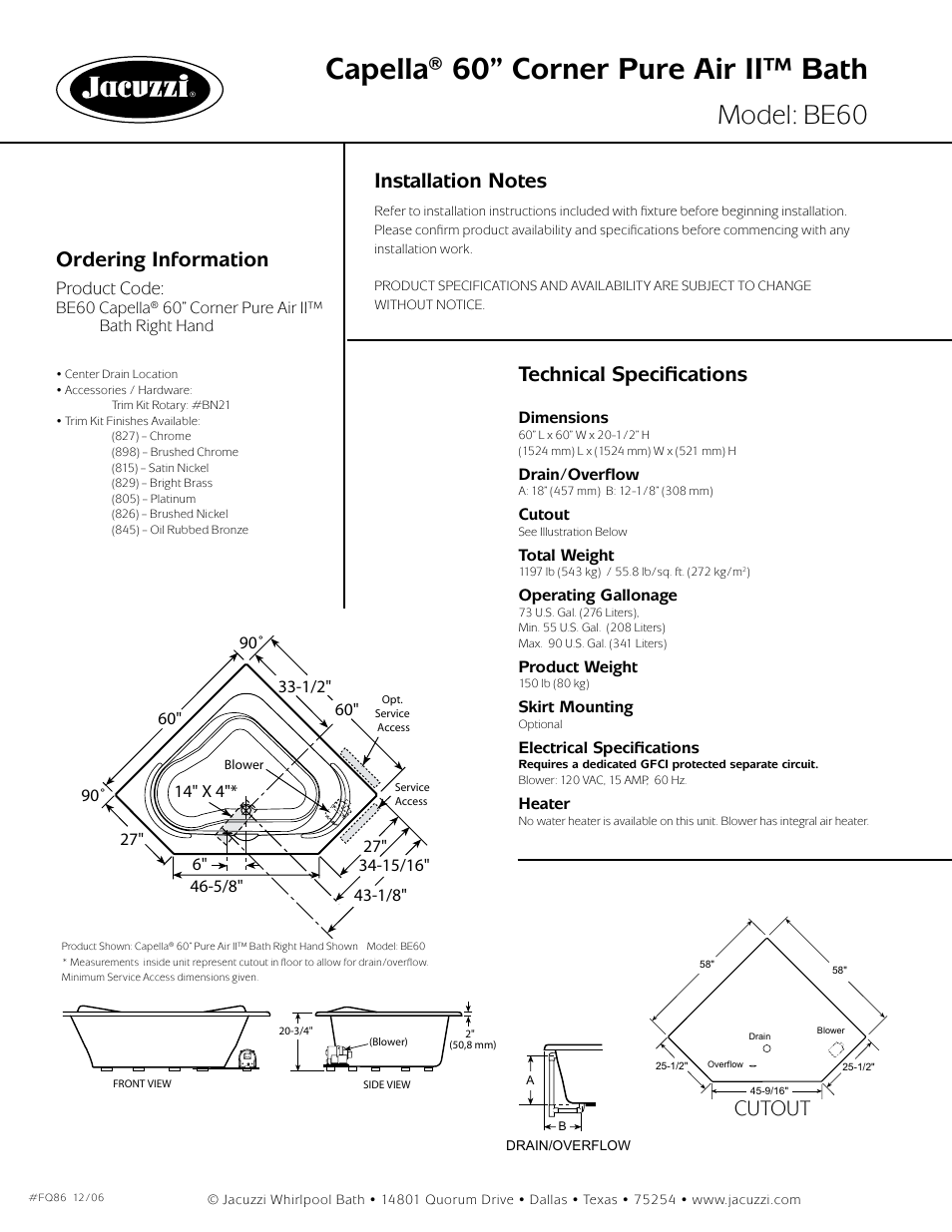 Capella® 60” corner pure air ii™ bath, Model: be60, Ordering information | Technical specifications, Cutout, Product code | Jacuzzi Capella BE60 User Manual | Page 2 / 2