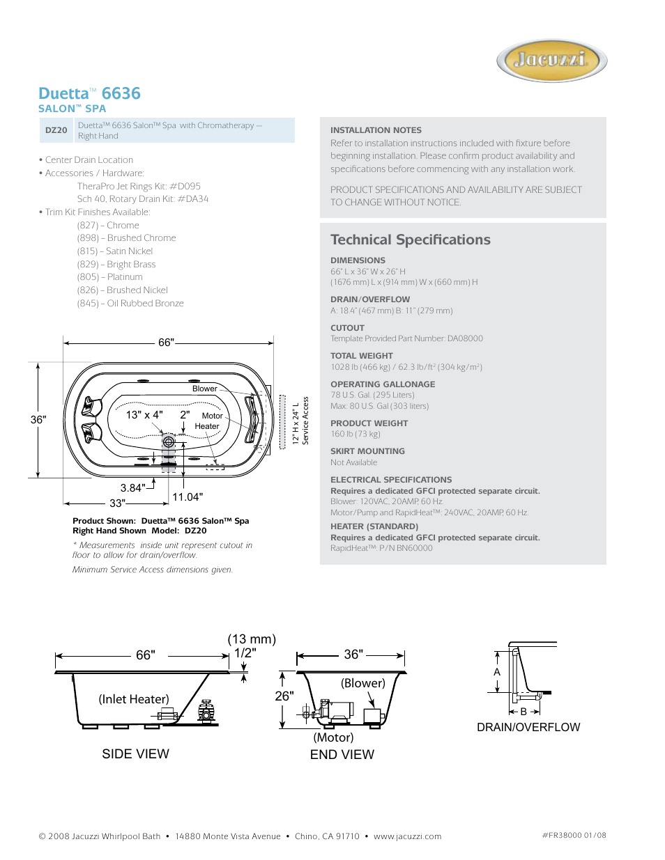 Duetta, Technical specifications | Jacuzzi Duetta DZ20 User Manual | Page 2 / 2