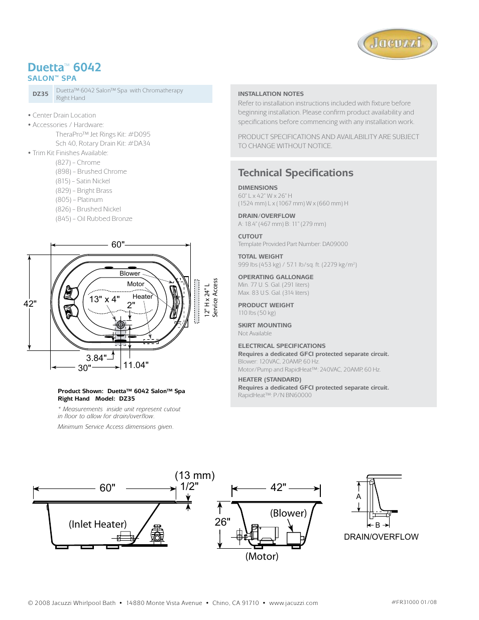 Duetta, Technical specifications | Jacuzzi Duetta DZ35 User Manual | Page 2 / 2