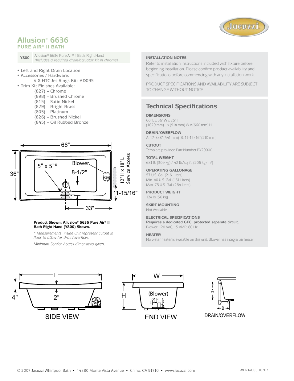 Allusion, Technical specifications, 5" x 5 | End view h w side view | Jacuzzi Allusion Y800 User Manual | Page 2 / 2