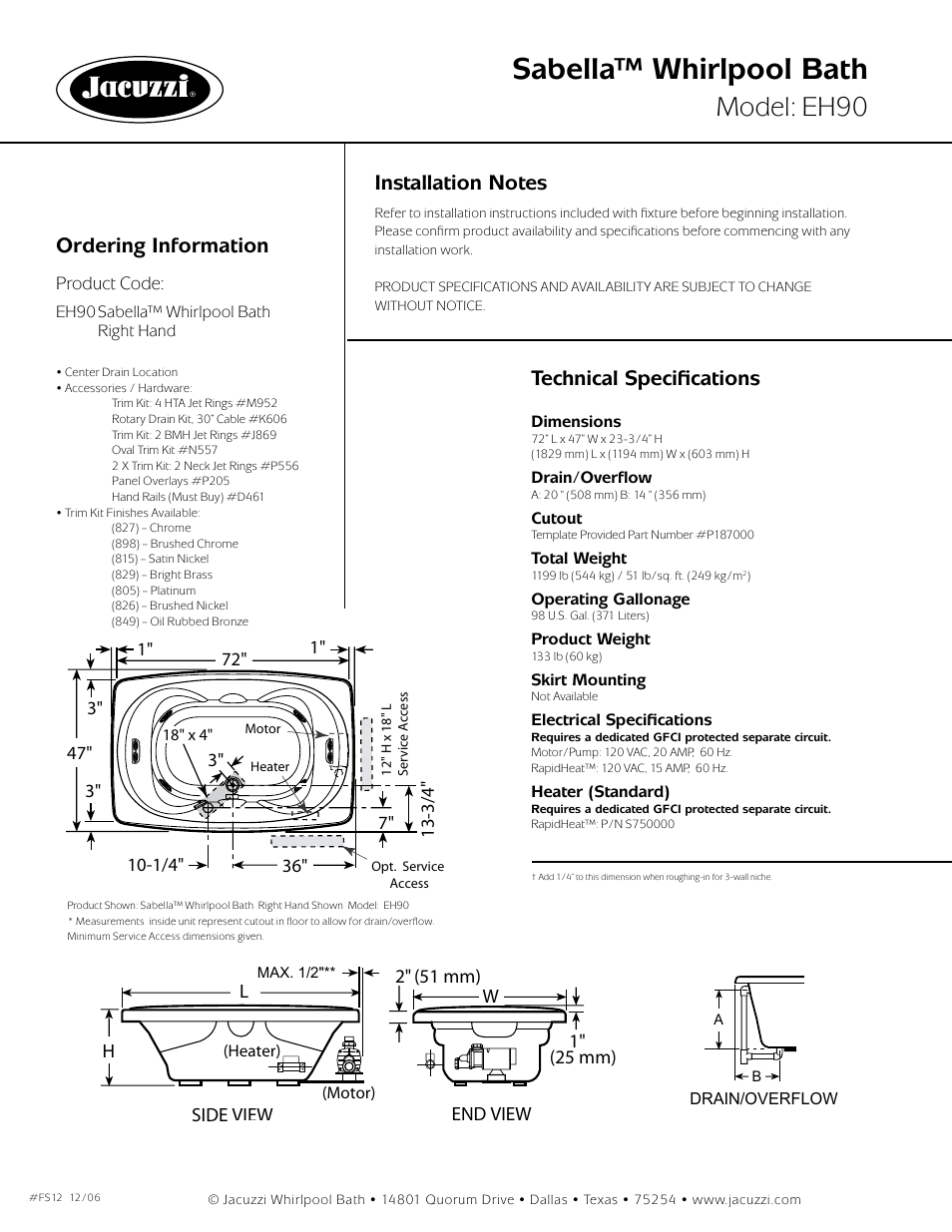 Sabella™ whirlpool bath, Model: eh90, Ordering information | Technical specifications, Sabella | Jacuzzi Sabella EH90 User Manual | Page 2 / 2