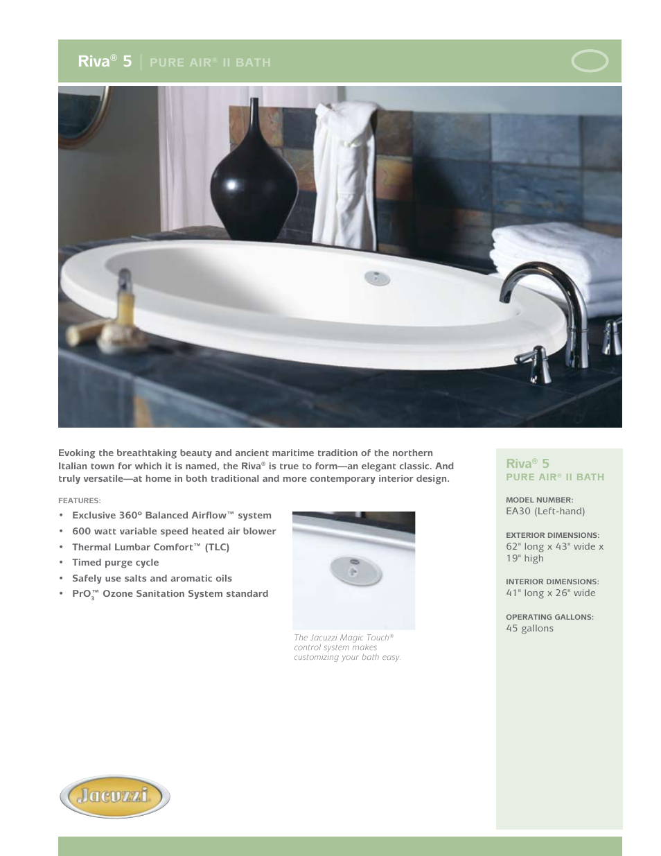 Jacuzzi Riva 5 Pure Air II Bath EA30 User Manual | 2 pages