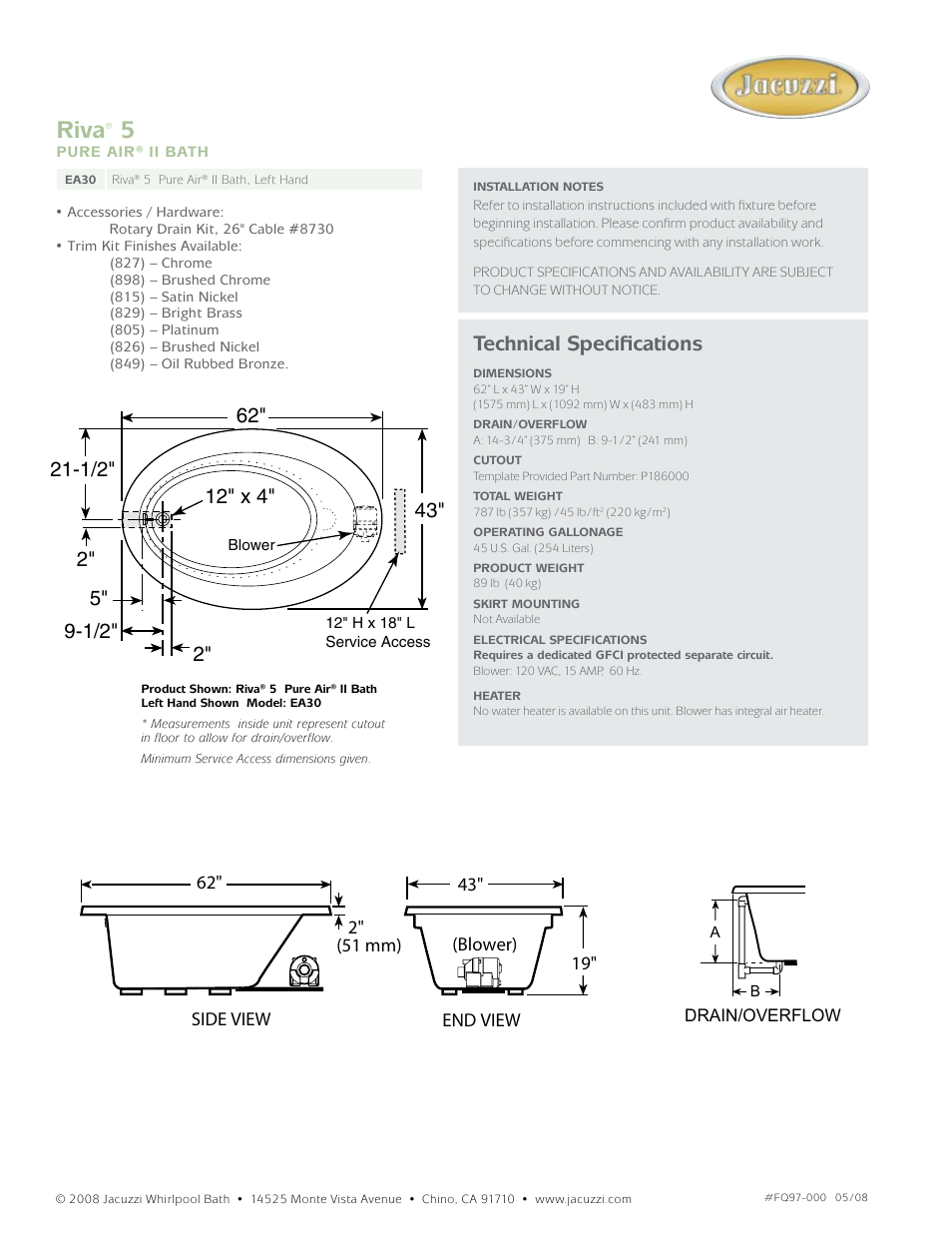 Riva, Technical specifications | Jacuzzi Riva 5 Pure Air II Bath EA30 User Manual | Page 2 / 2