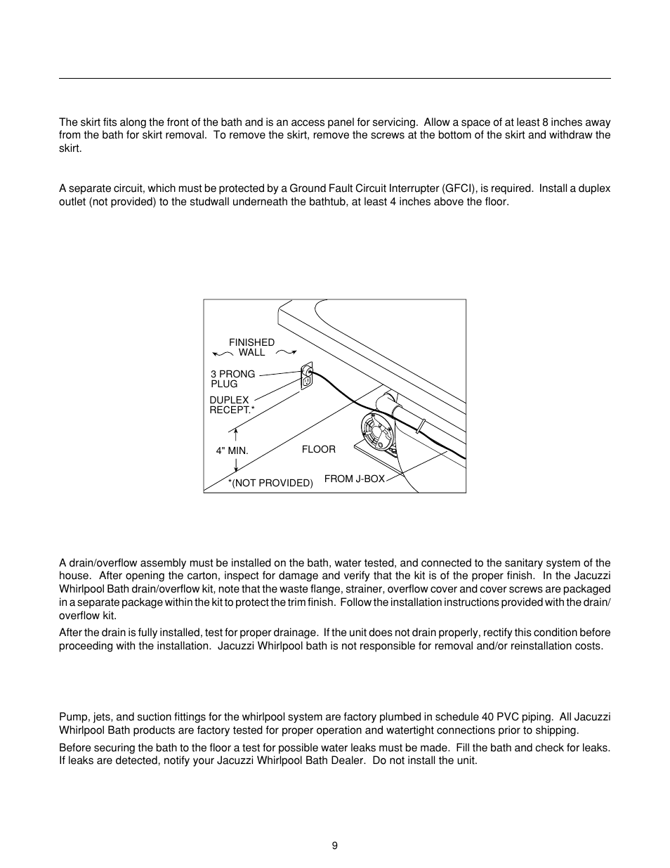 J-allure, Service access, Bath electrical connections | Drain information, Plumbing | Jacuzzi J-ALLURELuxury Bathing and Entertainment System User Manual | Page 11 / 32