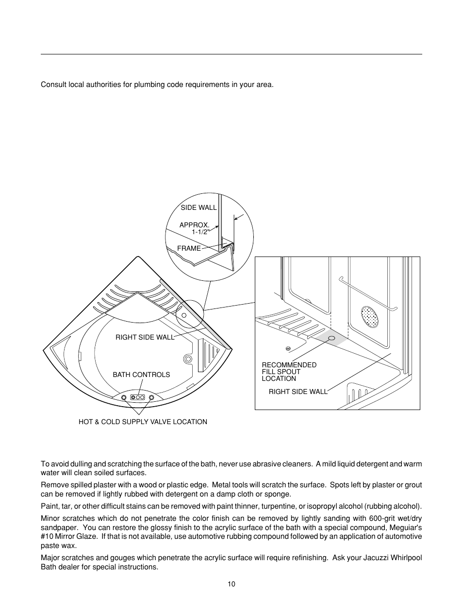 J-allure, Water supply, Clean-up after installation | Hot and cold supply valve & fill spout locations | Jacuzzi J-ALLURELuxury Bathing and Entertainment System User Manual | Page 12 / 32