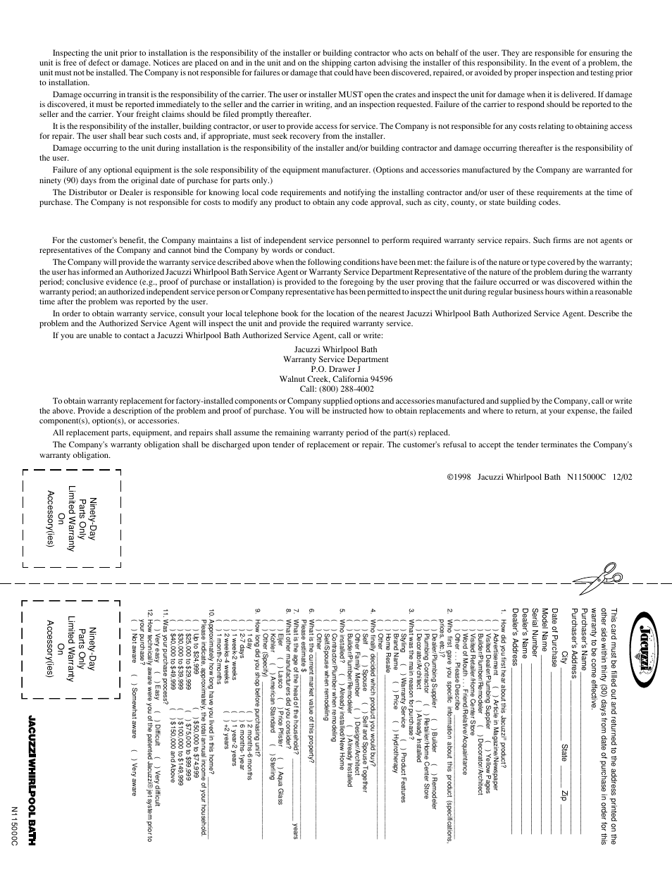 Warranty registration card, Responsibilities of others, Warranty service | Jacuzzi J-ALLURELuxury Bathing and Entertainment System User Manual | Page 32 / 32