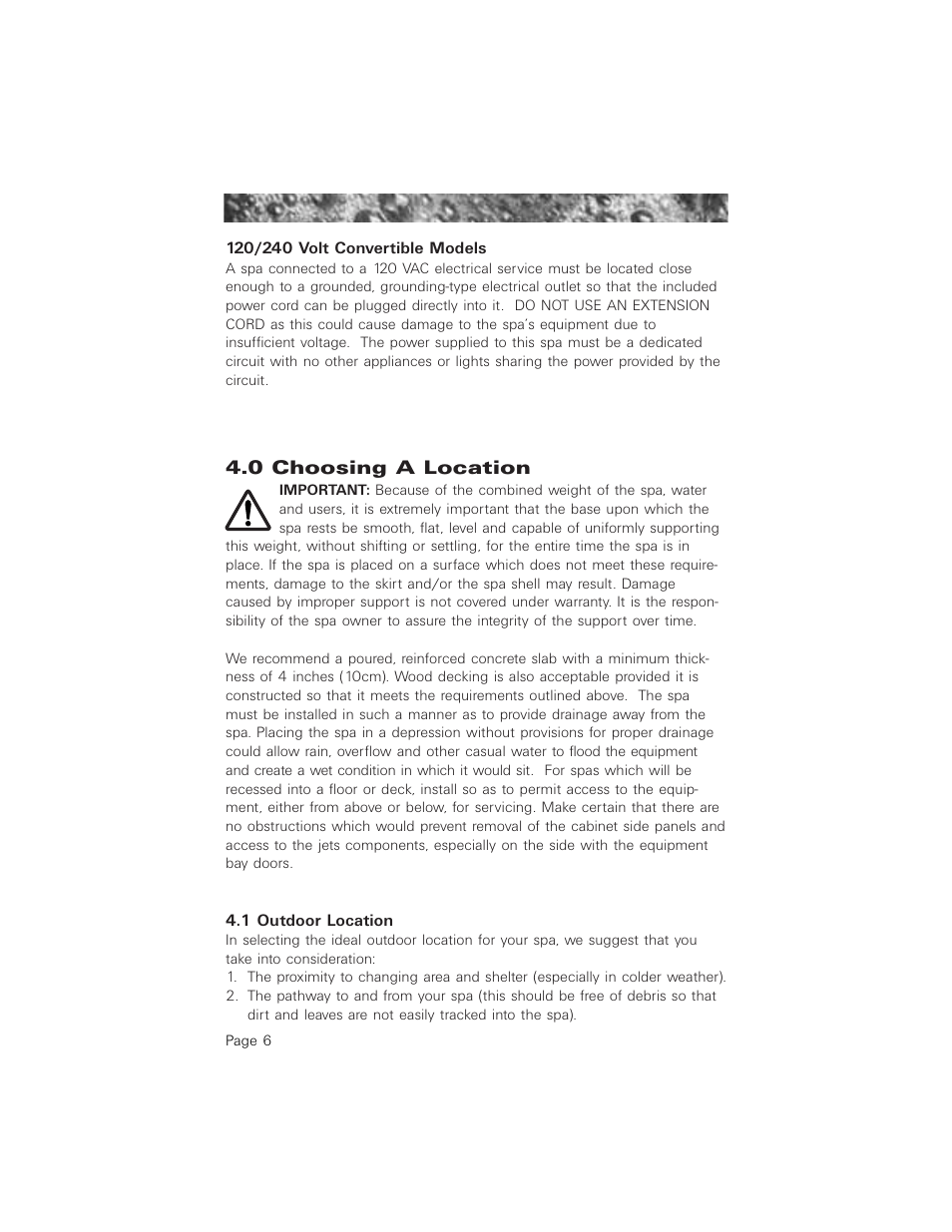 0 choosing a location, 1 outdoor location, 0 choosing a location 4.1 outdoor location | Jacuzzi 2003+ User Manual | Page 10 / 50