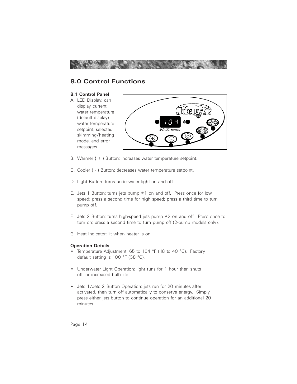 0 control functions, 1 control panel, 0 control functions 8.1 control panel | Jacuzzi 2003+ User Manual | Page 18 / 50