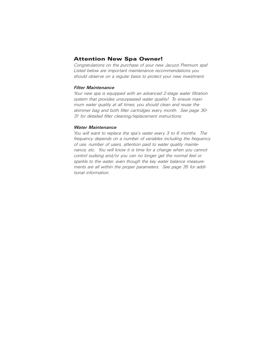 Attention new spa owner | Jacuzzi 2003+ User Manual | Page 2 / 50