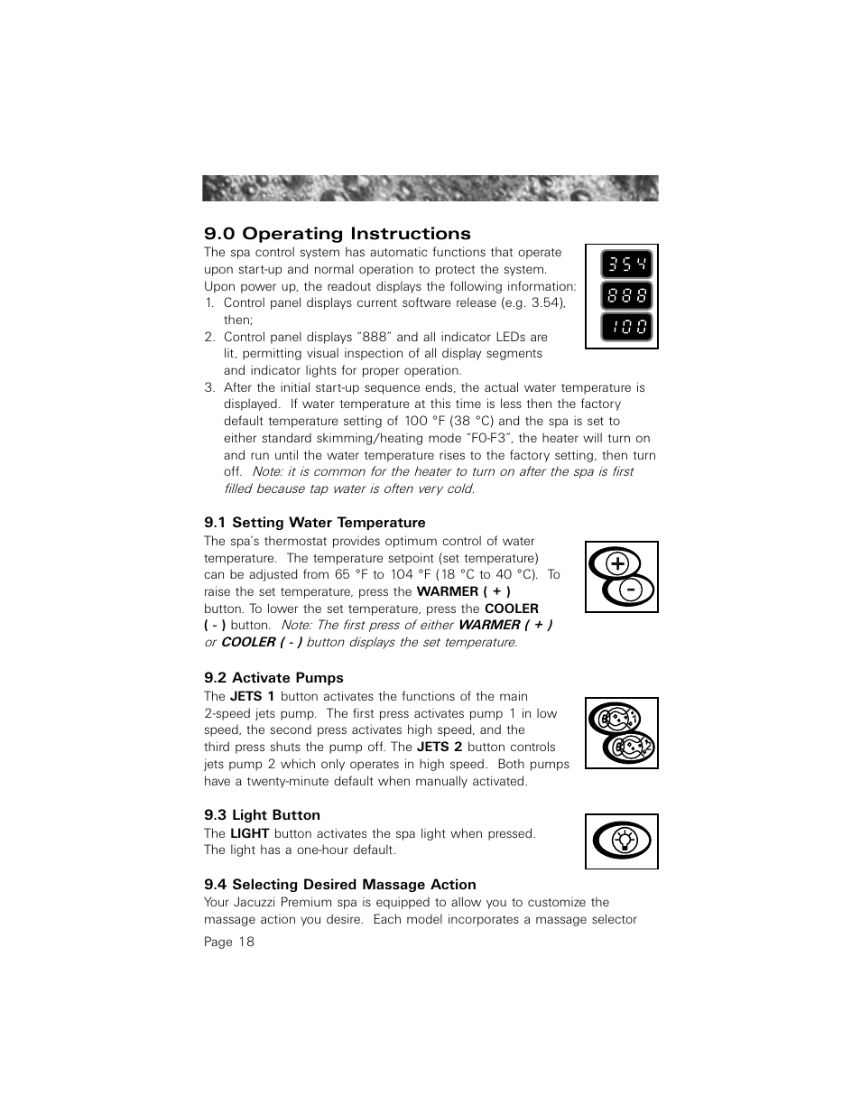 0 operating instructions, 1 setting water temperature, 2 activate pumps | 3 light button, 4 selecting desired massage action | Jacuzzi 2003+ User Manual | Page 22 / 50