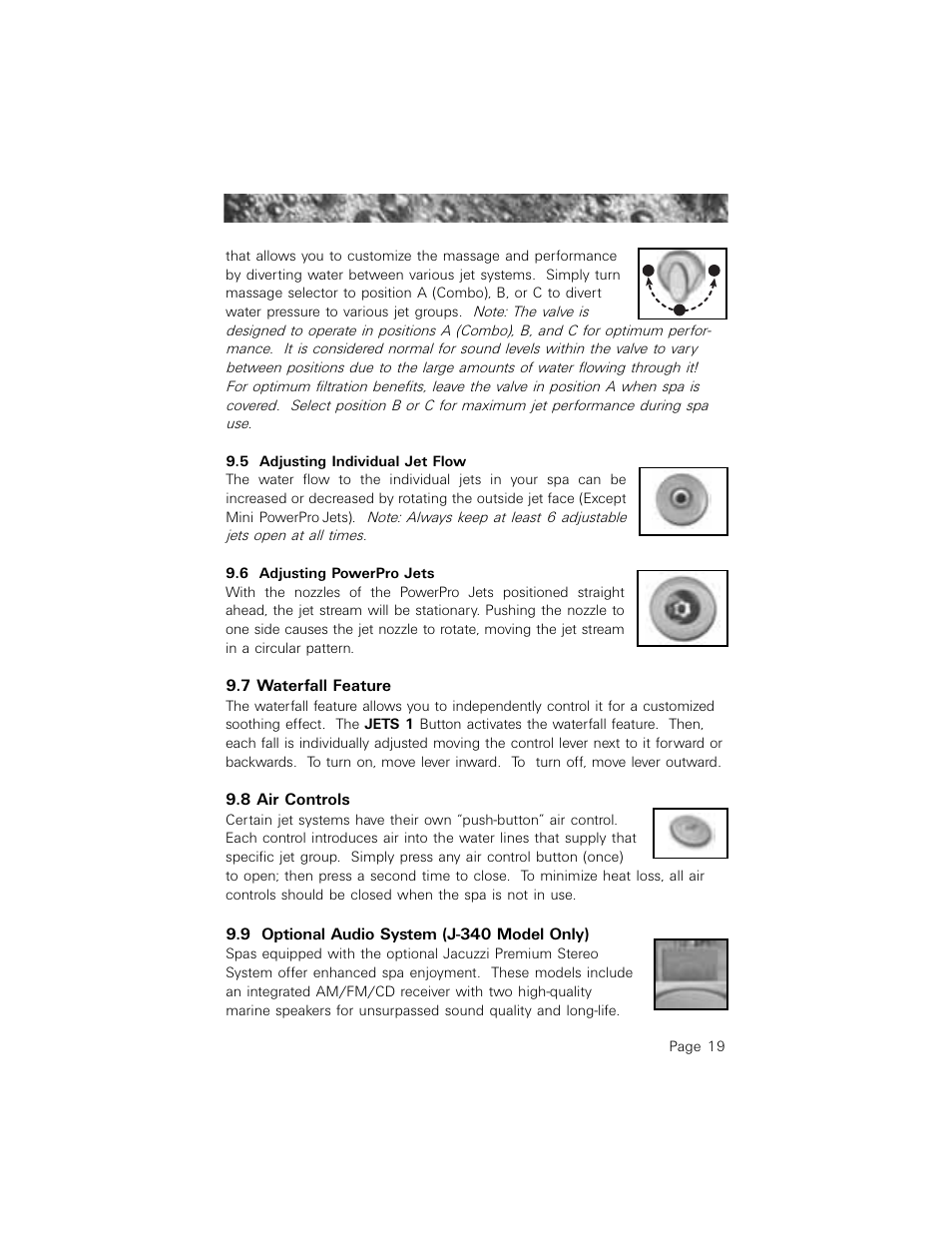 5 adjusting individual jet flow, 6 adjusting powerpro jets, 7 waterfall feature | 8 air controls, 9 optional audio system (j-340 model only) | Jacuzzi 2003+ User Manual | Page 23 / 50