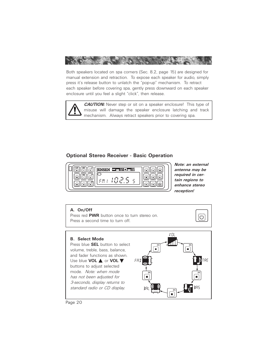 Optional stereo receiver - basic operation, Page 20, Jensen | Jacuzzi 2003+ User Manual | Page 24 / 50