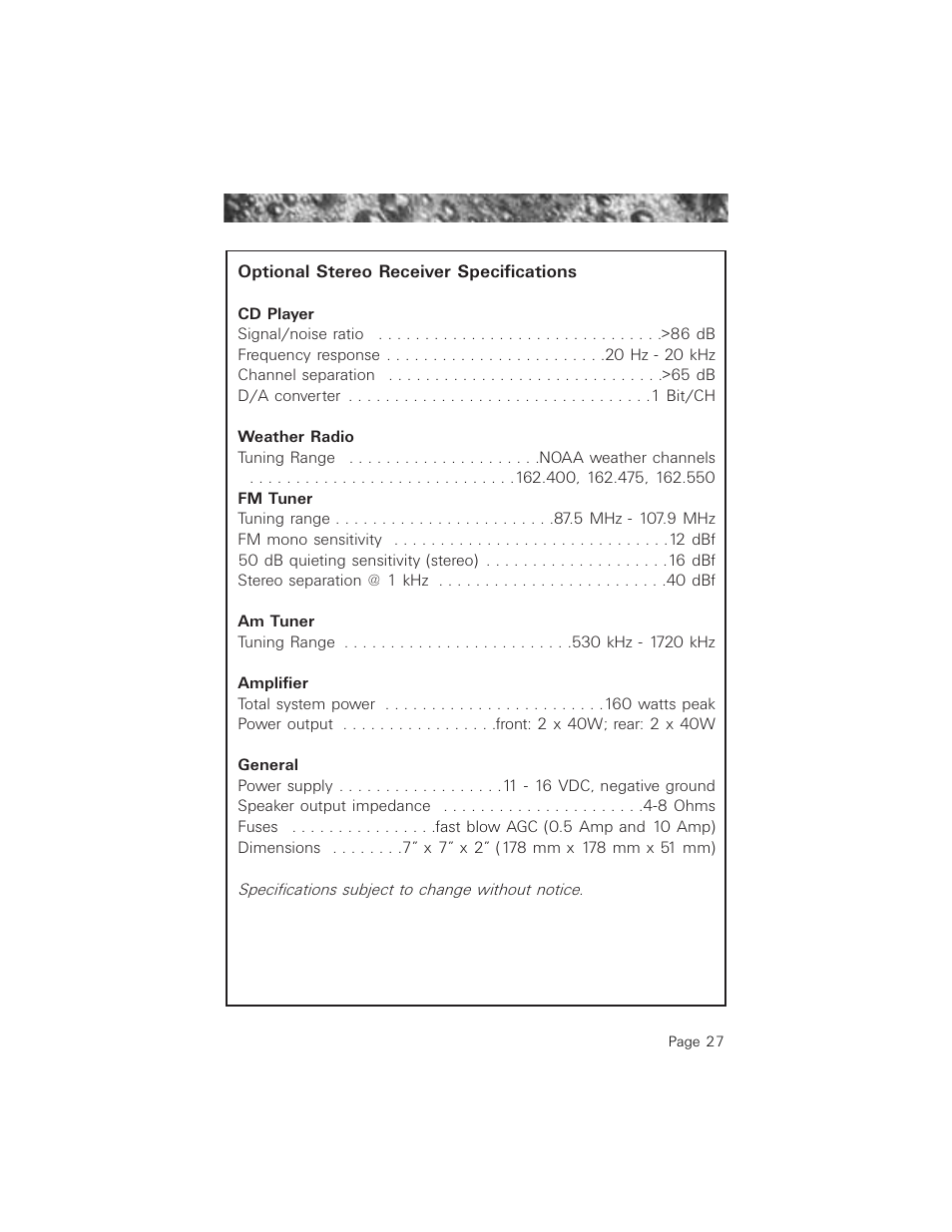 Optional stereo receiver specifications | Jacuzzi 2003+ User Manual | Page 31 / 50