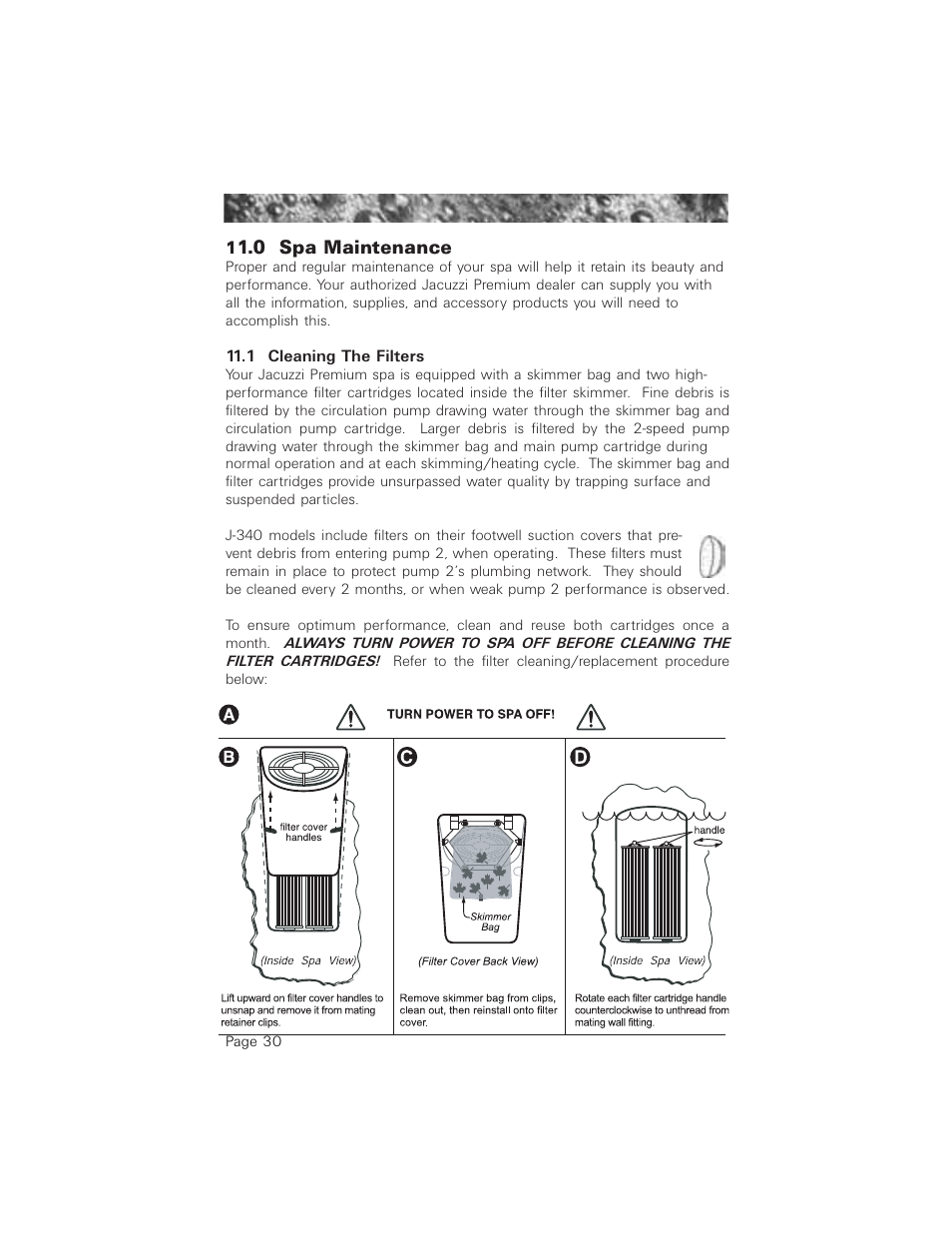 0 spa maintenance, 1 cleaning the filters, 0 spa maintenance 11.1 cleaning the filters | Jacuzzi 2003+ User Manual | Page 34 / 50