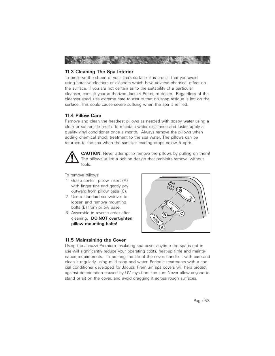 3 cleaning the spa interior, 4 pillow care, 5 maintaining the cover | Jacuzzi 2003+ User Manual | Page 37 / 50