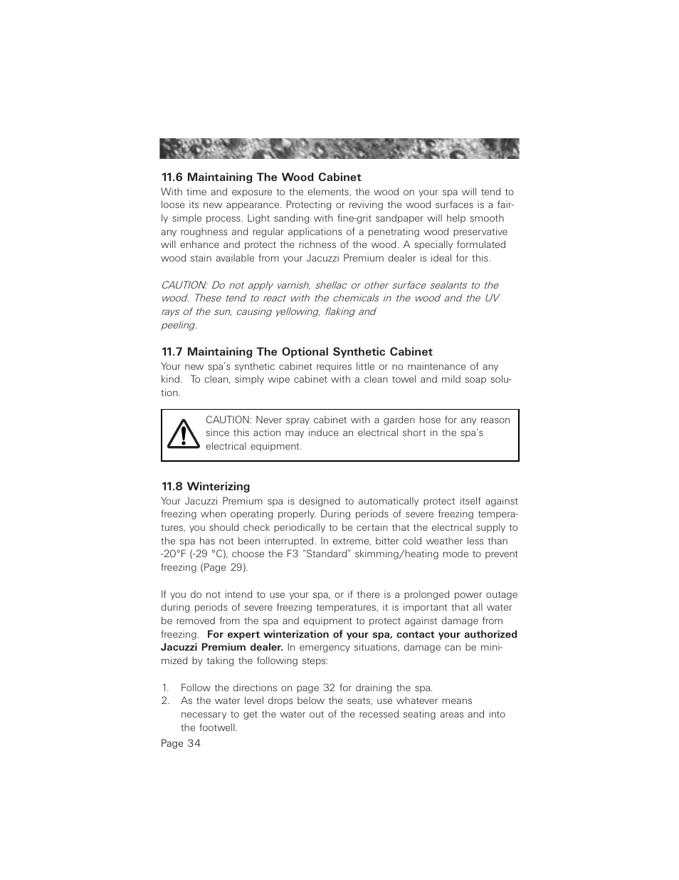 6 maintaining the wood cabinet, 7 maintaining the optional synthetic cabinet, 8 winterizing | Jacuzzi 2003+ User Manual | Page 38 / 50