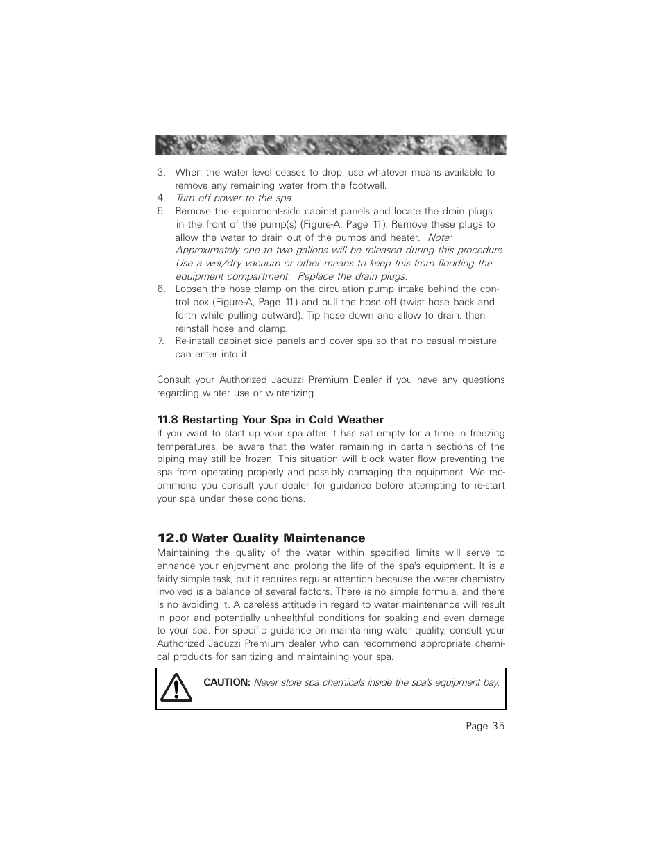 8 restarting your spa in cold weather, 0 water quality maintenance, 9 restarting your spa in cold weather | Jacuzzi 2003+ User Manual | Page 39 / 50