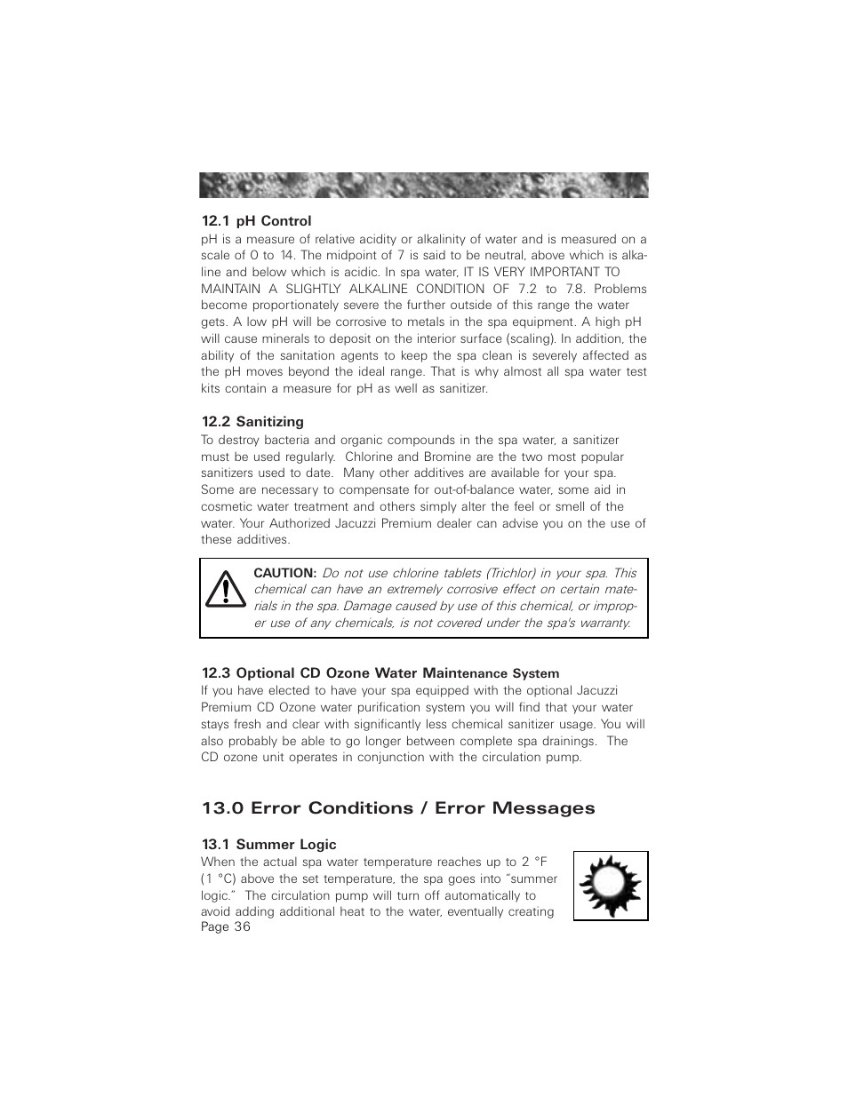 1 ph control, 2 sanitizing, 3 optional cd ozone water maintenance system | 0 error conditions / error messages, 1 summer logic | Jacuzzi 2003+ User Manual | Page 40 / 50