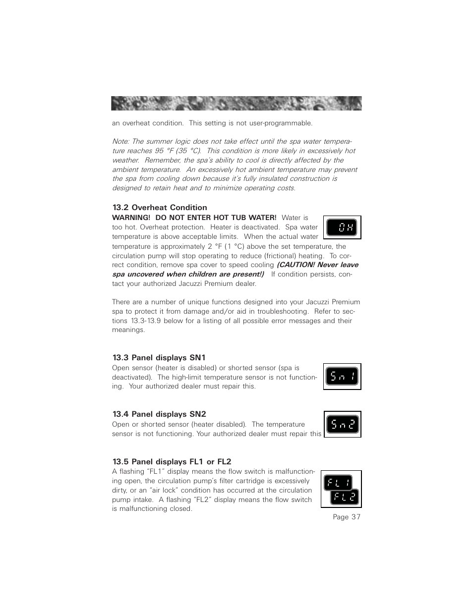 2 overheat condition, 3 panel displays sn1, 4 panel displays sn2 | 5 panel displays fl1 or fl2 | Jacuzzi 2003+ User Manual | Page 41 / 50