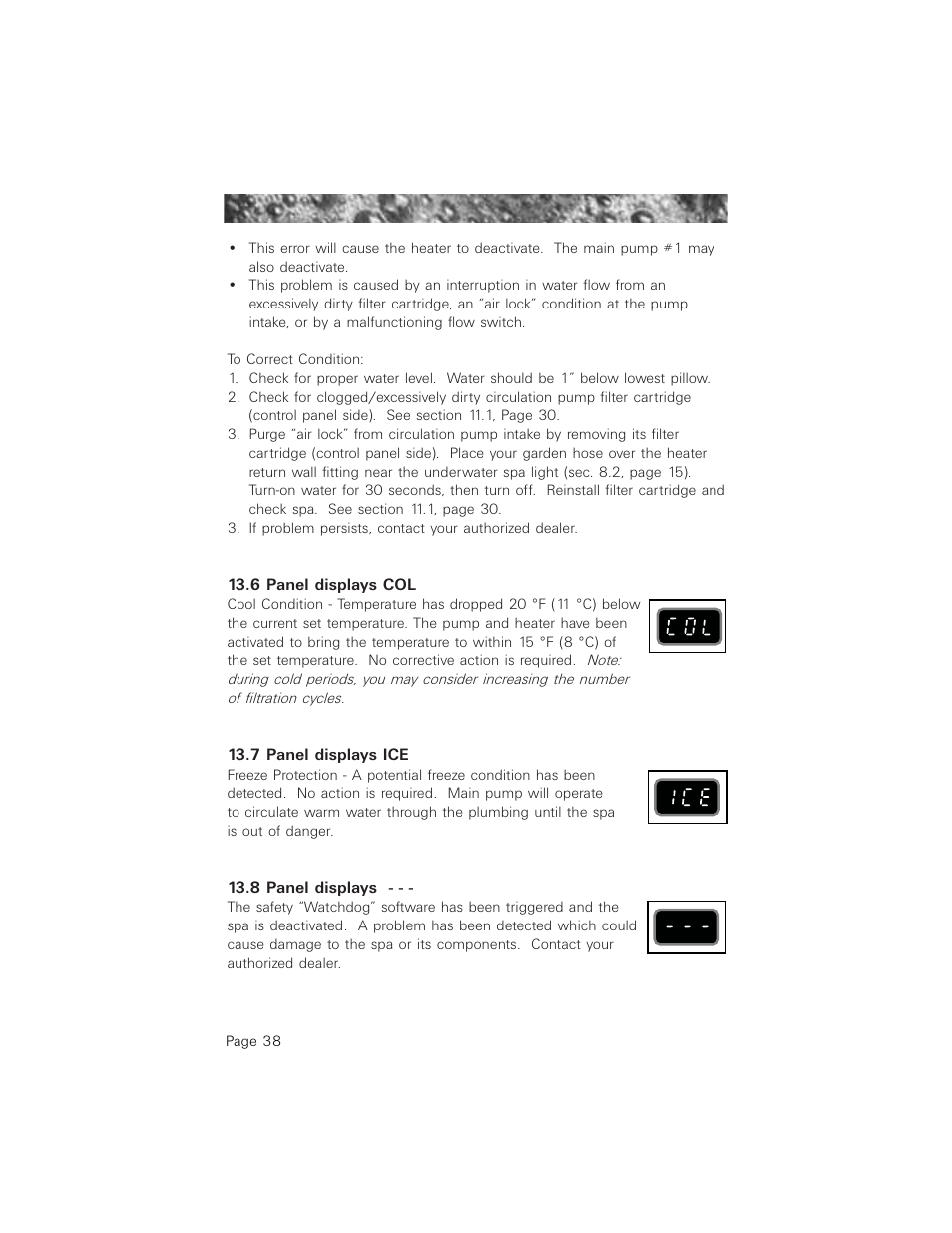 6 panel displays col, 7 panel displays ice, 8 panel displays | Jacuzzi 2003+ User Manual | Page 42 / 50