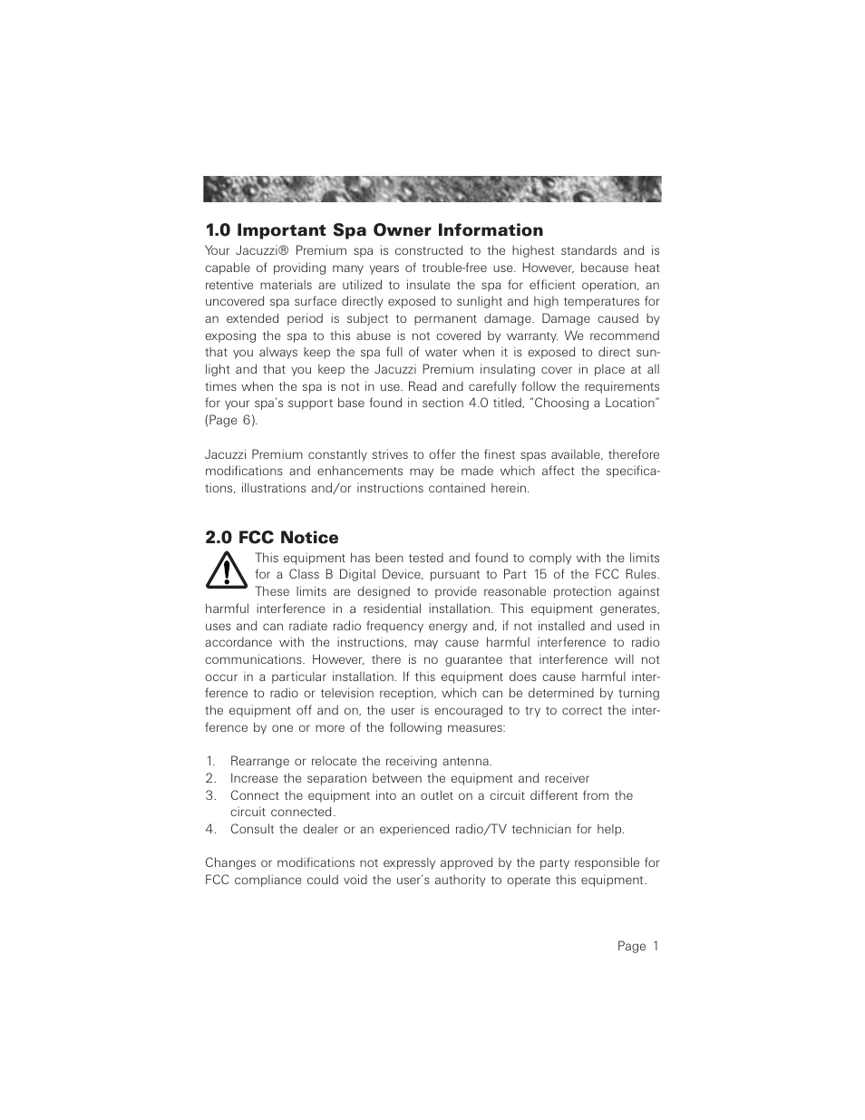 0 important spa owner information, 0 fcc notice, Important spa owner information | Jacuzzi 2003+ User Manual | Page 5 / 50