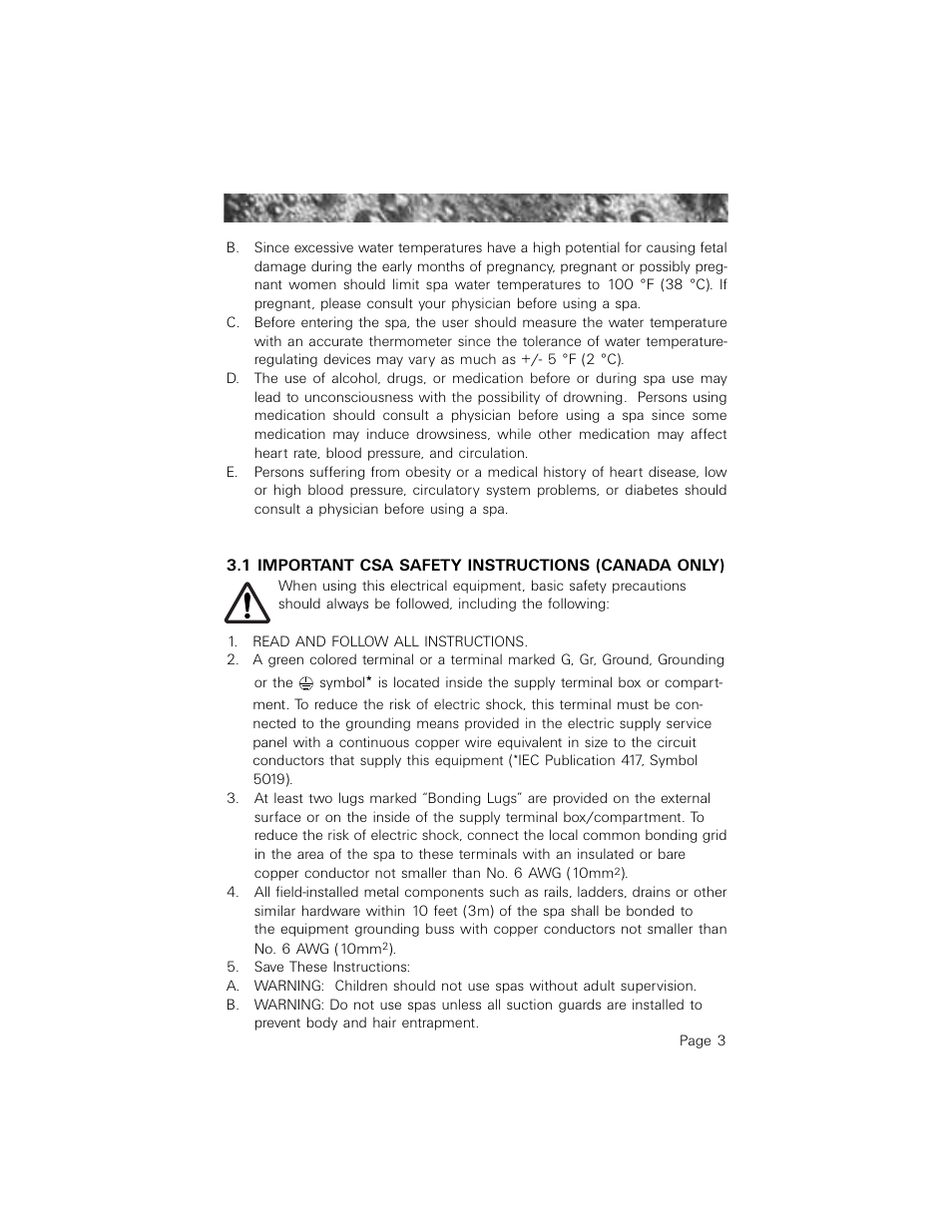 1 important csa safety instructions (canada only), 1 important csa safety information (canada only) | Jacuzzi 2003+ User Manual | Page 7 / 50